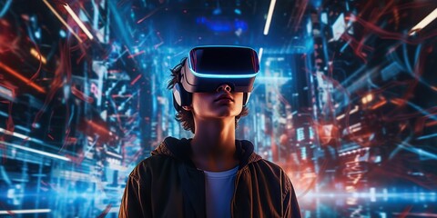 Naklejka premium Person wearing vr headset immersed in futuristic virtual environment, concept of Virtual reality technology, created with Generative AI technology