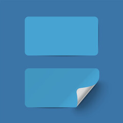 Vector blue realistic paper adhesive stickers with curved corner on blue background.