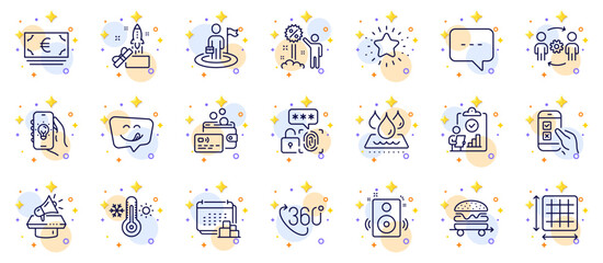 Fototapeta na wymiar Outline set of Yummy smile, Innovation and Food delivery line icons for web app. Include Mobile survey, Thermometer, Discount pictogram icons. Euro currency, Twinkle star, 360 degree signs. Vector