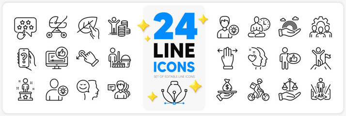 Icons set of Person idea, User idea and Delivery bike line icons pack for app with Lgbt, People, Like thin outline icon. Yoga, Like video, Ranking star pictogram. Budget profit, Heart. Vector