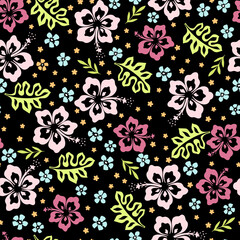 Bright tropical flowers and leaves. Seamless pattern with hibiscus flowers.