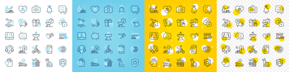 Vector icons set of Smile chat, Love message and Weather phone line icons pack for web with Luggage protect, Grill time, Smile face outline icon. Marketplace, Carry-on baggage. Vector