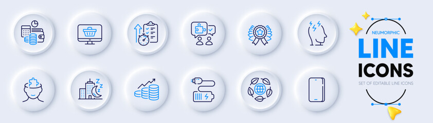 Timer, Puzzle and Web shop line icons for web app. Pack of Growth chart, Budget accounting, Battery pictogram icons. Mental conundrum, Night city, Winner ribbon signs. Stress. Vector