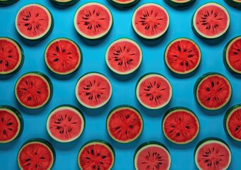 .Sliced watermelon on a blue background, healthy and refreshing summer food. Generative AI
