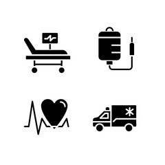Emergency procedures black glyph icons set on white space. Intensive care treatment. Cardiac resuscitation. Healthcare. Silhouette symbols. Solid pictogram pack. Vector isolated illustration