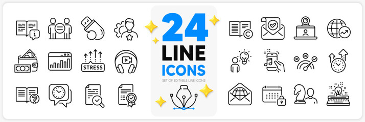 Icons set of Video conference, Help and Stress grows line icons pack for app with Flash memory, Inspect, Brand thin outline icon. Money wallet, Confirmed mail, Music phone pictogram. Vector