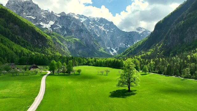 Logar Valley (Logarska dolina) in the Kamnik Savinja Alps in Slovenia during a beautiful springtime day.