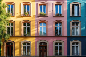 Fototapeta na wymiar The facade of the building with colorful rainbow windows, sunny day. Front view of the house with colored windows. Creative architectural wallpaper. Generative AI photo imitation.