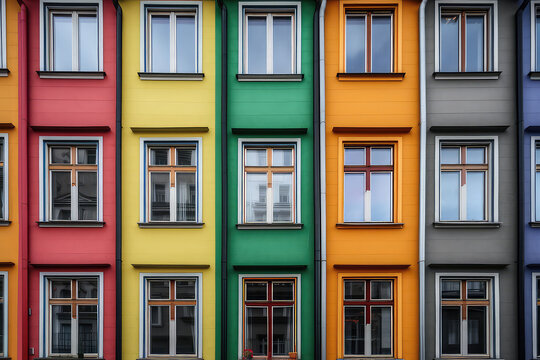 The facade of the building with colorful rainbow windows and doors. Front view of house with colored windows. Creative multi-colored architectural wallpaper. Generative AI photo imitation.