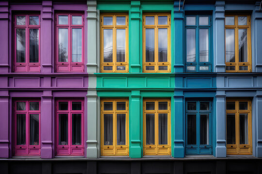 Modern facade of the building with colorful rainbow windows. Front view of house with colored windows. Creative multi-colored architectural wallpaper. Generative AI photo imitation.