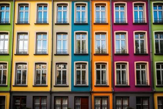 Facade of the building with colorful rainbow windows. Front view of the house with colored windows. Creative architectural wallpaper. Generative AI photo imitation.