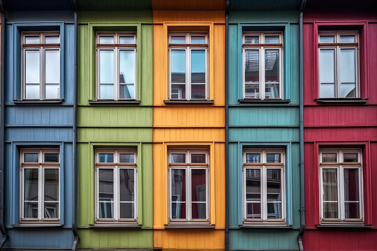 Facade of the building with colorful rainbow painted windows. Front view of the house with colored windows. Creative architectural wallpaper. Generative AI photo imitation.