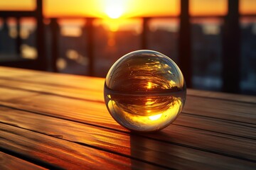 A glass marble on a rustic wooden table wallpaper