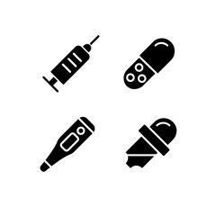 Clinical equipment black glyph icons set on white space. Measuring temperature. Injection and capsule drug form. Silhouette symbols. Solid pictogram pack. Vector isolated illustration
