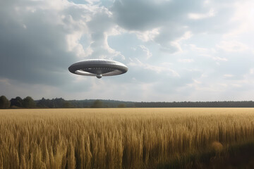 Fototapeta na wymiar A flying saucer floats in the sky over a field on a cloudy day. A UFO hovered over a field, nobody. Generative AI photo imitation.