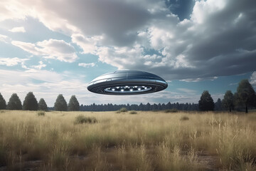 A flying saucer floats in the sky over a field on a cloudy day. A metal UFO hovered over a field, nobody. Generative AI photo imitation.