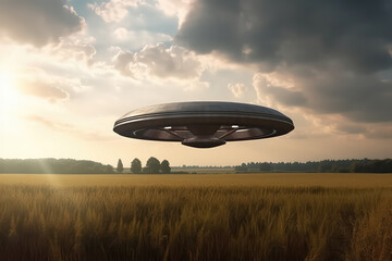 Fototapeta na wymiar Flying saucer floats in the sky over a field on a cloudy day. A UFO hovered over a field, nobody. Generative AI photo imitation.