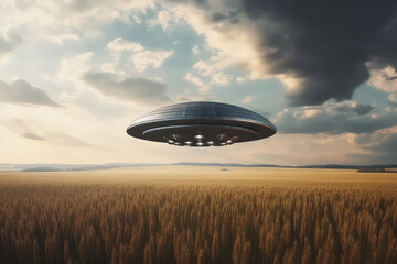 Naklejka na ściany i meble A flying saucer floats in the rainy sky over a field on a cloudy rainy day. A UFO hovered over a field, nobody. Generative AI photo imitation.