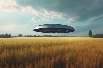 A flying saucer floats in the autumn sky over yellow field on a cloudy day. A UFO hovered over a field, nobody. Generative AI photo imitation.