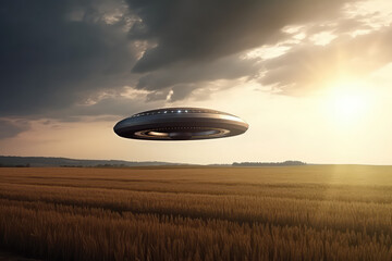 Fototapeta na wymiar A flying saucer floats in the cloudy sky over a field on a cloudy day. Metal UFO hovered over a field, nobody. Generative AI photo imitation.