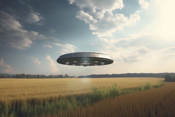 Fototapeta na wymiar A flying saucer floats in the autumn sky over a field on a cloudy day. A metal UFO hovered over a field, nobody. Generative AI photo imitation.