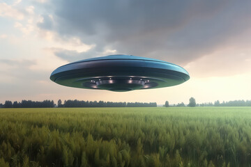 A flying saucer floats in the rainy sky over green field on a cloudy day. A UFO hovered over a field, nobody. Generative AI photo imitation.