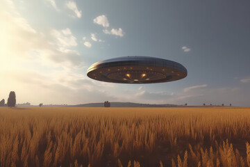 Fototapeta na wymiar A flying metal big saucer floats in the cloudy sky over a field on a cloudy day. A UFO hovered over a field, nobody. Generative AI photo imitation.