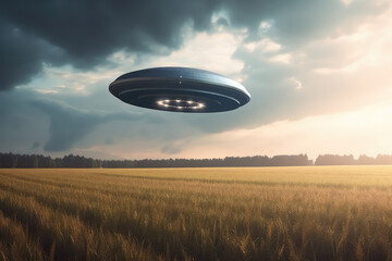 Naklejka na ściany i meble A flying saucer floats in the rainy sky over huge field on a cloudy day. A UFO hovered over a field, nobody. Generative AI photo imitation.