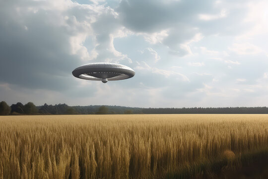 A flying saucer floats in the sky over a field on a cloudy day. A UFO hovered over a field, nobody. Generative AI photo imitation.