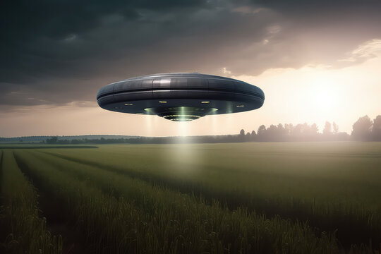 A flying saucer floats in the rainy sky over a field on a cloudy day. A UFO hovered over a field, nobody. Generative AI photo imitation.