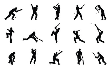 Cricket player silhouette, men's cricket batsman and male cricket player silhouette on white background.