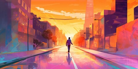 Person riding a longboard through colorful urban landscape, concept of Alternative Mobility, created with Generative AI technology