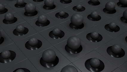 Black cube, black sphere. Dark background. 3d rendering