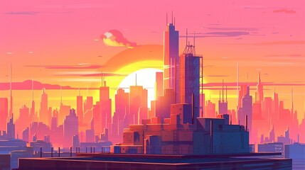 Sunset vast city building background. Generative AI technology.