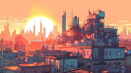 City building on afternoon sunset background. Generative AI technology.