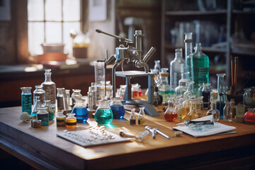 Assortment of science Laboratory equipment  in school Ai generative