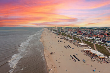 Aerial from the beach at Zandvoort at the North Sea in the Netherlands at sunset
