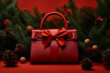 Fototapeta na wymiar Minimal winter holidays composition, stylish red woman's handbag with a big bow and Christmas tree branches, red berries. Aesthetic fashion Xmas and New Year shopping composition. Generative AI.