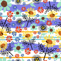 Fototapeta na wymiar Vector summer pattern in blue and red shades in floral stylized flowers on a monochromatic isolated background