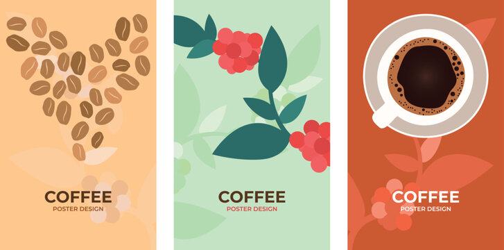 Coffee design poster set. Vector drawing of a cup of coffee, coffee tree and coffee beans, for a poster, flyer, banner, card.
