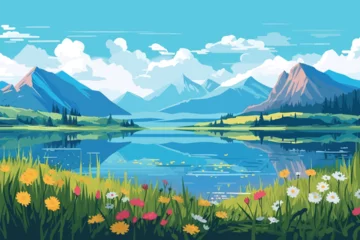 Foto op Plexiglas Koraalgroen landscape with lake and mountains