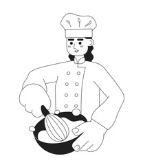 Female chef mix dough monochromatic flat vector character. Editable thin line half body cook with whisk and bowl on white. Cooking character. Simple bw cartoon spot image for web graphic design
