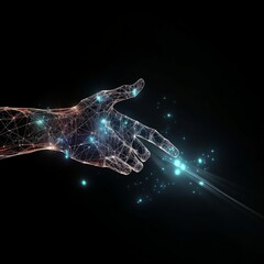 Ethereal Hologram Digital Hand on Dark Background. Generative AI