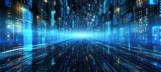 Virtual cyberspace technology background. Blue data energy burst. Generative AI technology.