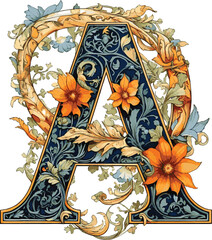letter N Art style alphabet using flowers, leaves and butterflies blended into the letter N. white background