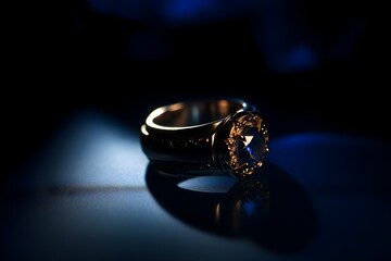 golden ring with blue sapphire at dark blue background