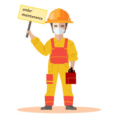 Construction worker holding under maintenance sign vector illustration