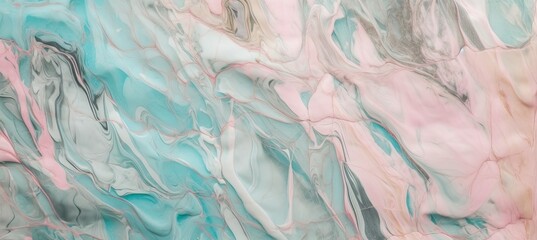 Abstract liquid marble texture background. Soft pastel pink green colors. Generative AI technology.	