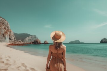 Fototapeta na wymiar Back view, Woman on beach in summer by generative ai