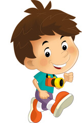 cartoon scene with young boy running with camera on his neck isolated illustration for children